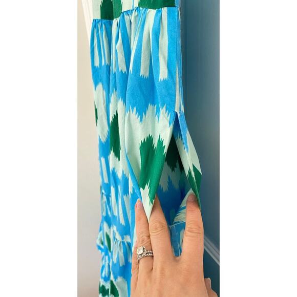 Oliphant V-Neck Maxi Midi Flutter Sleeve Dress Ikat Blue Green Tuckernuck Cotton - Picture 11 of 11